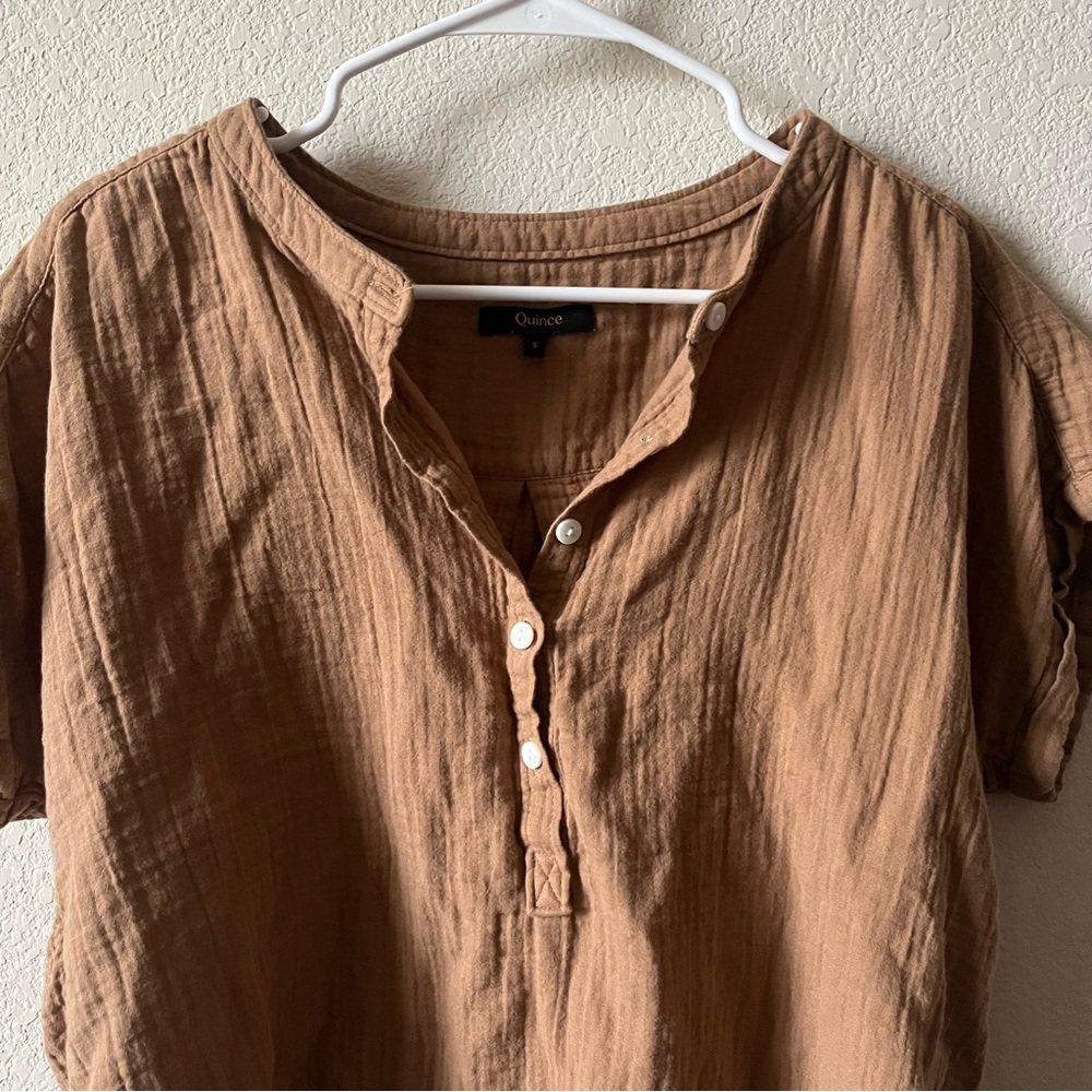 Quince 100% Organic Cotton Gauze Roll Sleeve Boho Office Shirt Toasted Coconut S - Picture 9 of 12